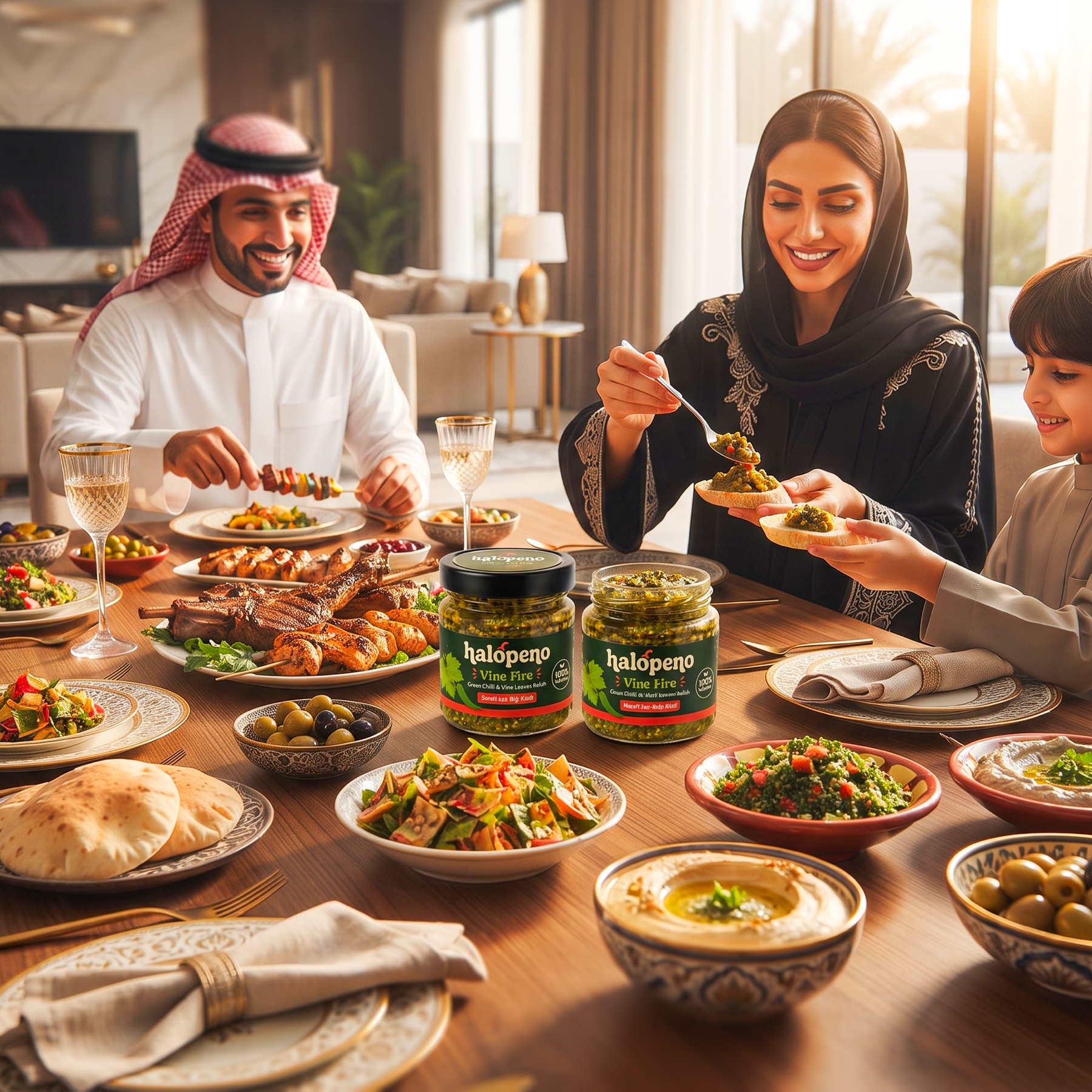 A family enjoying Halopeno Vine Fire relish around the dinner table